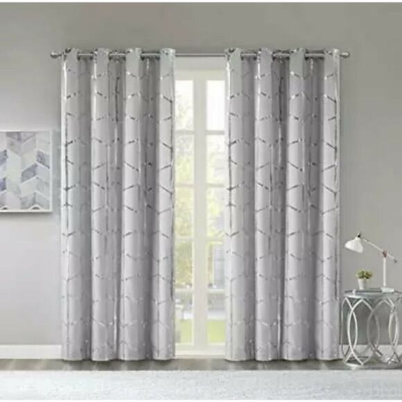 Intelligent Design Raina Blackout Metallic Print Grommet Top Window Curtain - Picture 1 of 10